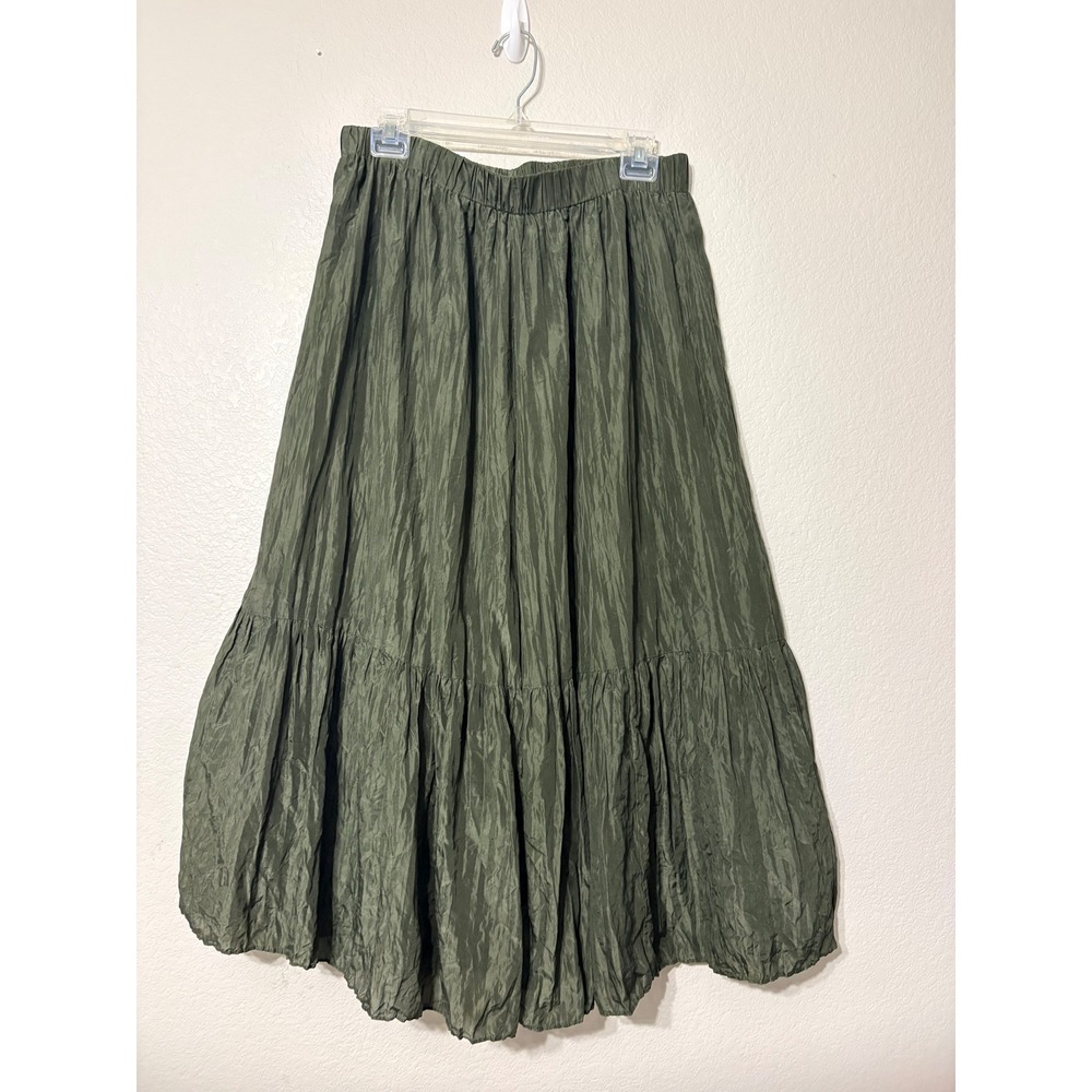 Eileen Fisher Olive Green Crushed Textured 100% Silk Tiered Maxi Skirt Small